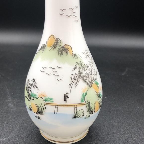 Unique Hand Painted Chinese Landscape Milk Glass Bud Vase with Gold Rim - Picture 2 of 7